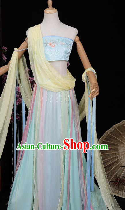 Chinese Cosplay Classical Dance Costumes Ancient Dunhuang Flying Apsaras Blue Hanfu Dress Top and Skirt for Women