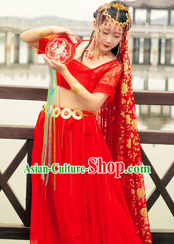 Chinese Cosplay Court Lady Costumes Ancient Princess Classical Dance Red Hanfu Dress and Headwear