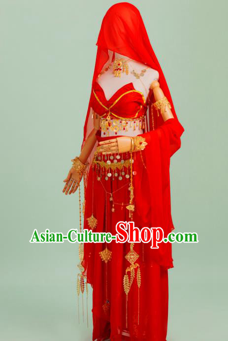 Chinese Cosplay Flying Apsaras Costumes Ancient Dunhuang Classical Dance Hanfu Dress Red Top and Skirt with Headwear
