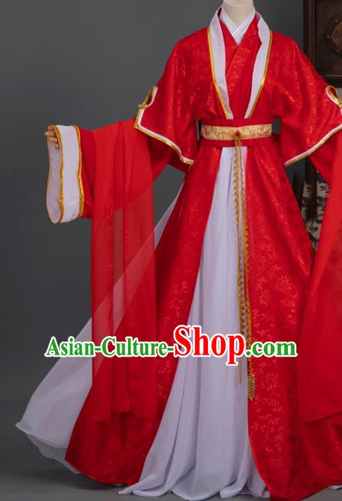 Chinese Cosplay Bride Wedding Costumes Ancient Ming Dynasty Swordswoman Red Hanfu Apparels Complete Set