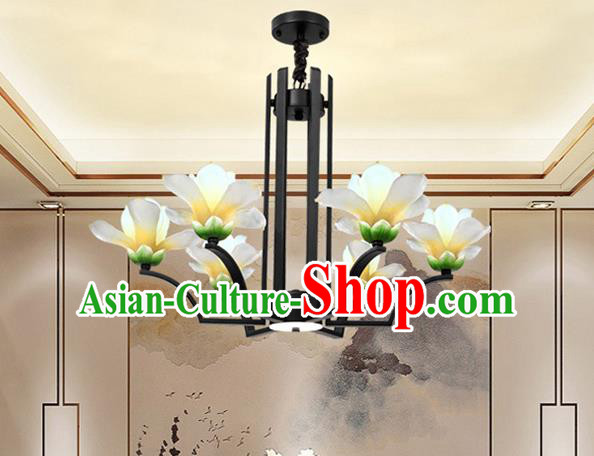 Chinese Traditional Living Room Yellow Mangnolia Lamp Handmade Classical Six Pieces Light Lanterns Iron Art Ceiling Lantern