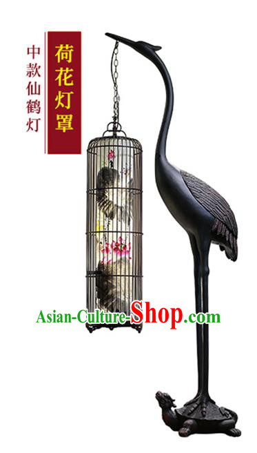 China Traditional Home Decorations Iron Art Crane Floor Lamp Handmade Painting Lotus Birdcage Lantern