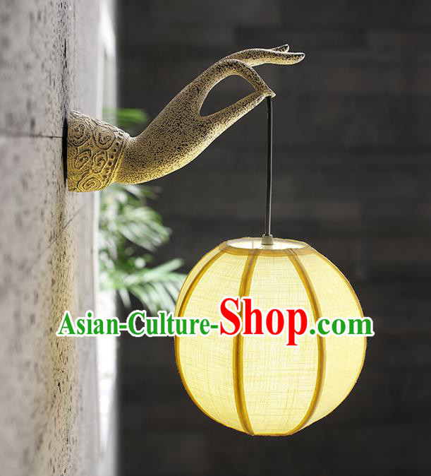 China Handmade Yellow Cloth Lanterns Traditional Home Decorations Stone Carving Buddha Hand Wall Lamp Corridor Lantern