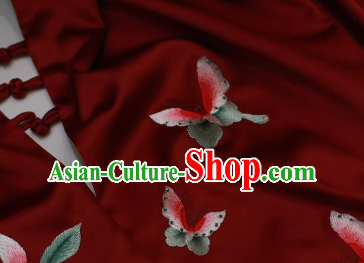 China Embroidery Magnolia Craft Cappa Wine Red Silk Scarf Traditional Embroidered Tippet