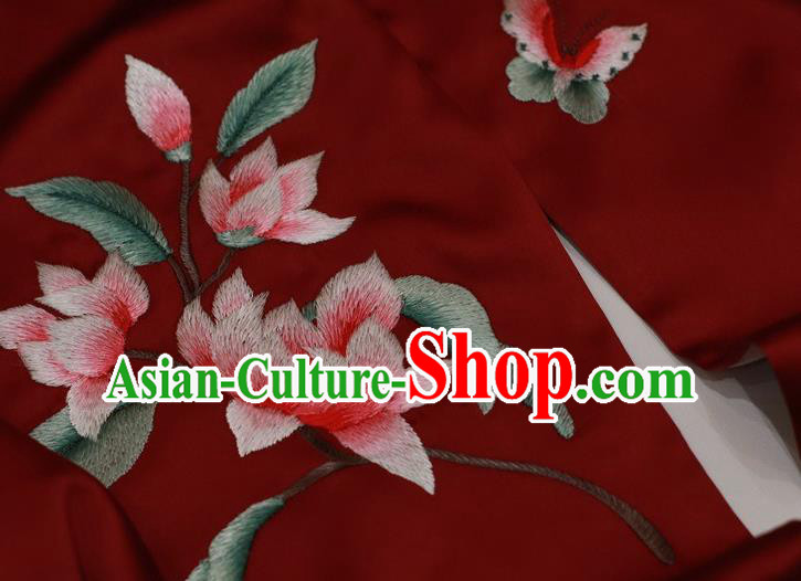 China Embroidery Magnolia Craft Cappa Wine Red Silk Scarf Traditional Embroidered Tippet