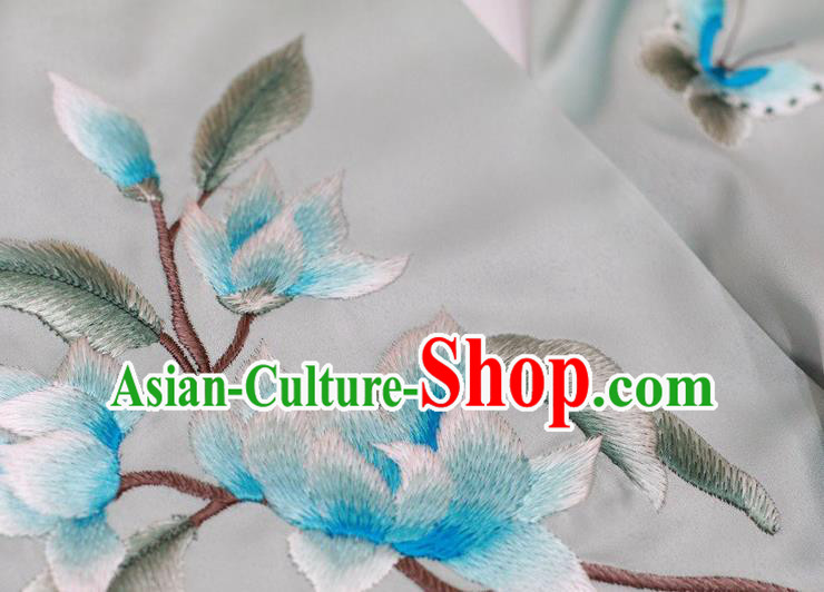 China Traditional Embroidered Tippet Embroidery Magnolia Craft Mother Cappa Light Blue Silk Scarf