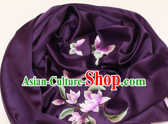 Traditional China Silk Scarf Embroidery Magnolia Craft Mother Cappa Embroidered Deep Purple Tippet