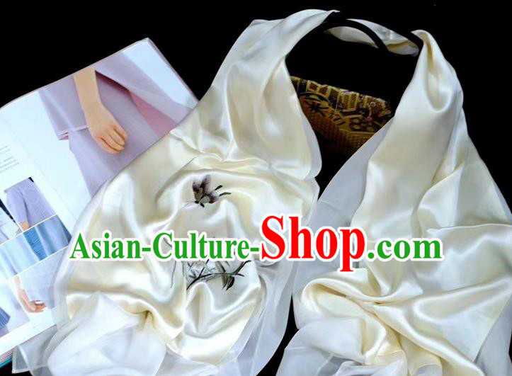 Traditional China Suzhou Embroidery Orchid Craft Mother Cappa Beige Silk Scarf Embroidered Tippet