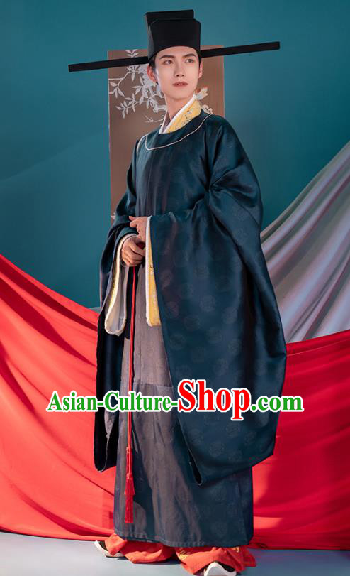 Traditional China Song Dynasty Emperor Zhao Zhen Hanfu Clothing Ancient Imperator Costumes Navy Robe and Pants Full Set