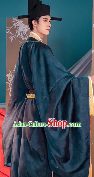 Traditional China Song Dynasty Emperor Zhao Zhen Hanfu Clothing Ancient Imperator Costumes Navy Robe and Pants Full Set