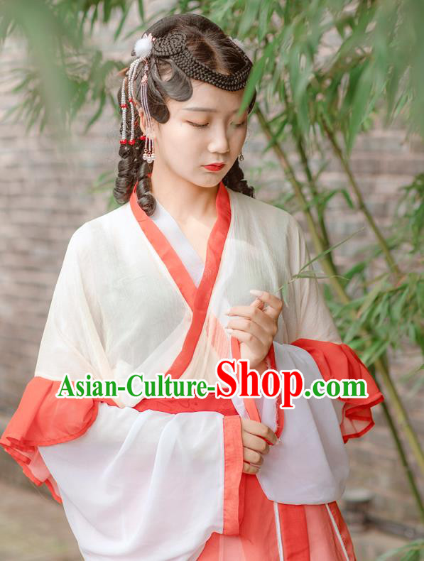Chinese Jin Dynasty Young Lady Costumes Ancient Village Girl Hanfu Dress Apparels