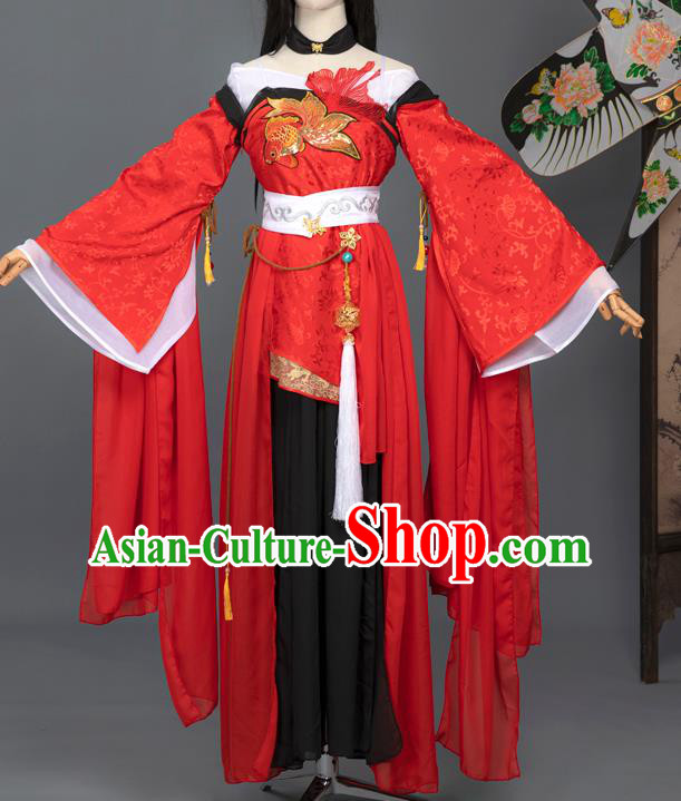 Chinese Ming Dynasty Young Female Costumes Ancient Swordswoman Red Hanfu Dress Fairy Princess Apparels