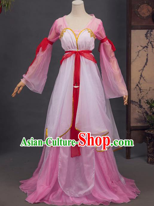 Chinese Tang Dynasty Village Girl Costumes Ancient Swordswoman Pink Hanfu Dress Country Lady Apparels
