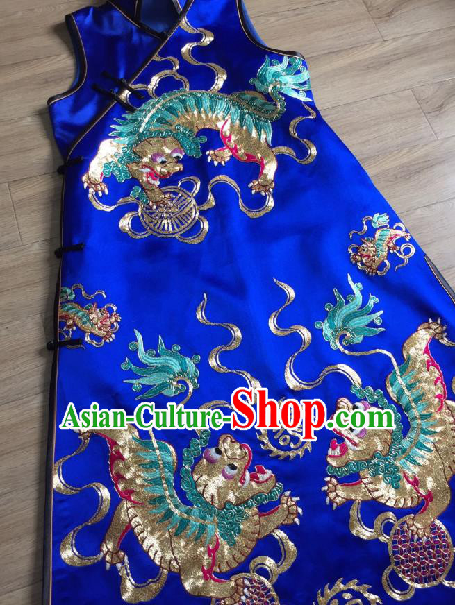China Embroidered Kylin Royalblue Silk Qipao Dress Vest Cheongsam Women National Clothing