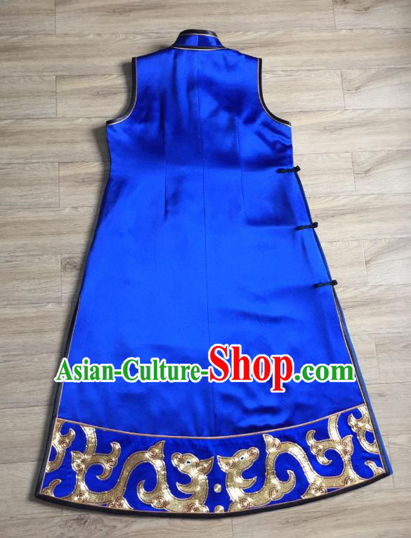 China Embroidered Kylin Royalblue Silk Qipao Dress Vest Cheongsam Women National Clothing