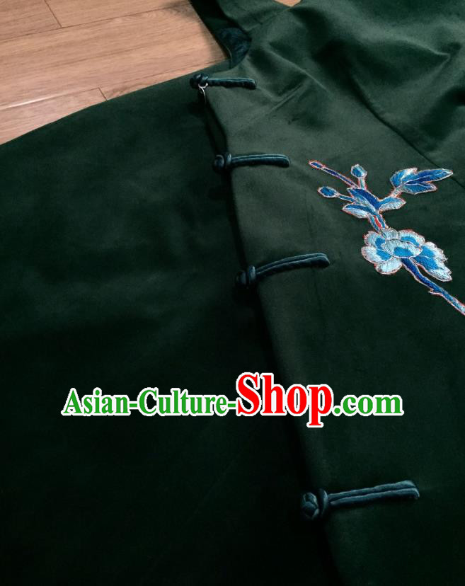 China Embroidered Phoenix Deep Green Silk Qipao Dress Women National Clothing Tang Suit Vest Suspenders Cheongsam