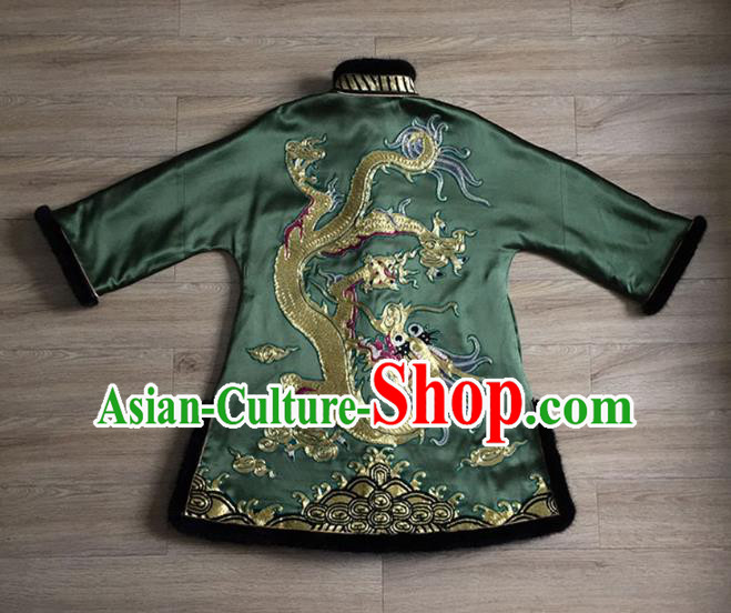 Chinese Embroidered Dragon Green Silk Jacket Tang Suit Upper Outer Garment Apparels National Winter Cotton Padded Costume