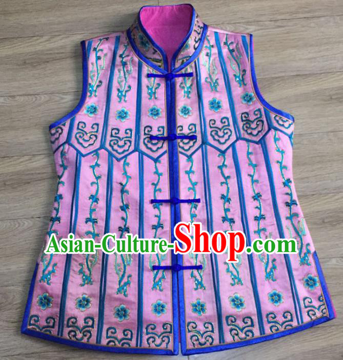 China Embroidered Flowers Pink Silk Vest National Clothing Women Cheongsam Waistcoat