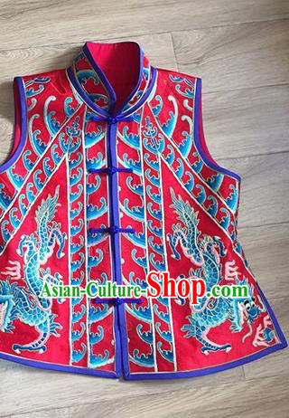 China Women Red Brocade Waistcoat National Clothing Embroidery Dragons Vest Costumes