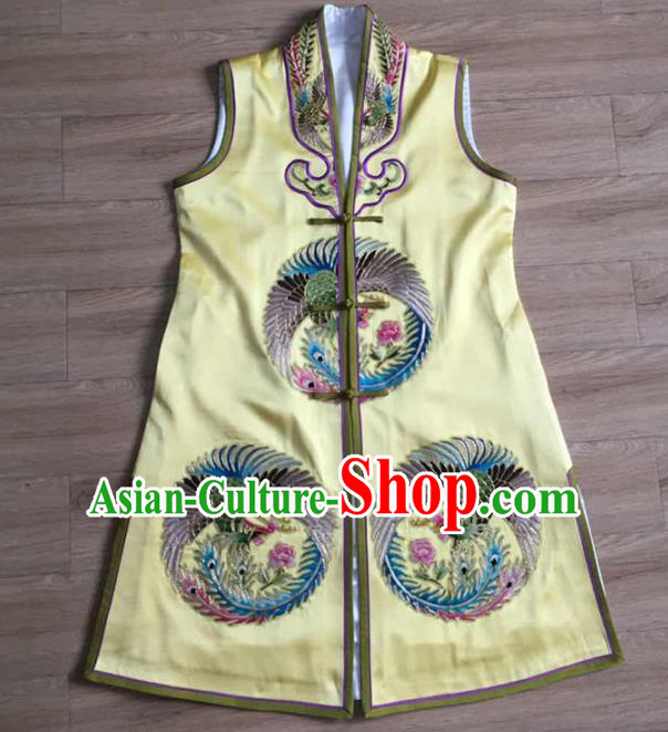 China Embroidery Phoenix Yellow Silk Vest National Clothing Women Waistcoat Beijing Opera Costumes