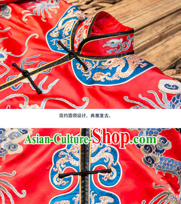 Chinese Embroidered Red Brocade Dust Coat Tang Suit Outer Garment National Costume Apparels