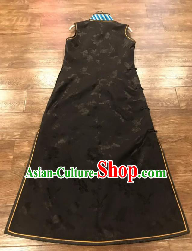 China Women National Clothing Embroidered Phoenix Black Silk Qipao Dress Costume Tang Suit Sleeveless Cheongsam