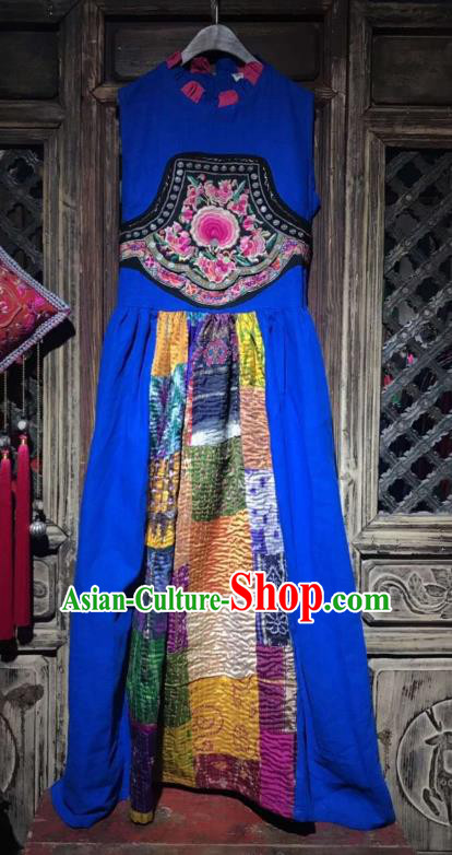 China Embroidered Blue Flax Qipao Costume Tang Suit Sleeveless Dress Yunnan Women Clothing