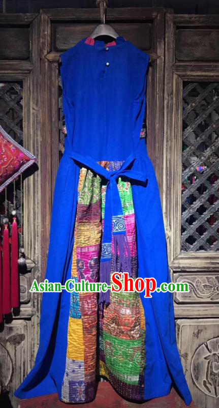 China Embroidered Blue Flax Qipao Costume Tang Suit Sleeveless Dress Yunnan Women Clothing