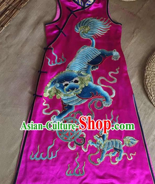 China Tang Suit Sleeveless Cheongsam Women National Clothing Embroidered Rosy Silk Silk Qipao Dress Costume