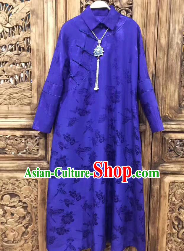 China Deep Blue Silk Qipao Dress Costume Tang Suit Women Clothing Classical Rose Pattern Cheongsam