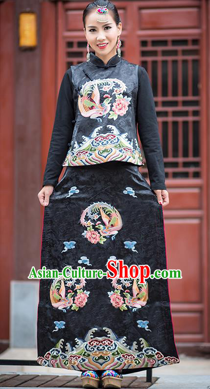China Women Black Silk Waistcoat and Skirt National Clothing Tang Suit Costumes Embroidery Phoenix Outfits