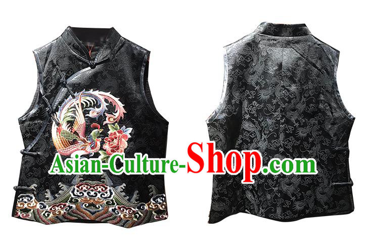 China Women Black Silk Waistcoat and Skirt National Clothing Tang Suit Costumes Embroidery Phoenix Outfits