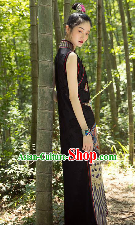 China Black Silk Qipao Dress Costume Tang Suit Women Clothing Classical Phoenix Pattern Cheongsam