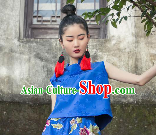 China Tang Suit Blouse National Clothing Blue Brocade Shirt Costumes for Women