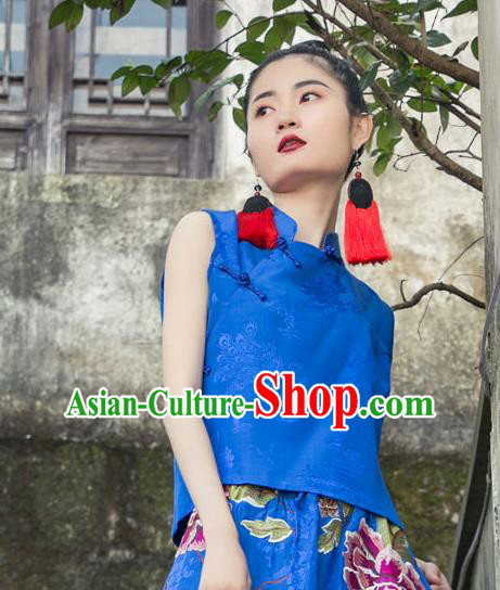 China Tang Suit Blouse National Clothing Blue Brocade Shirt Costumes for Women