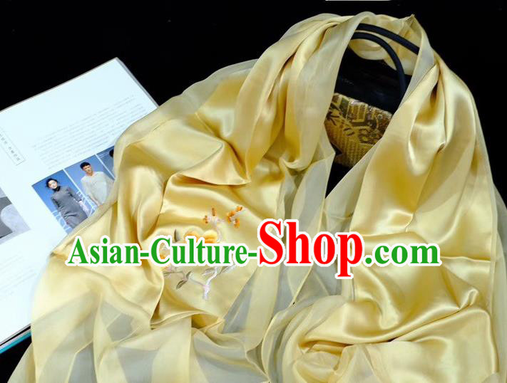 Traditional China Suzhou Embroidery Craft Mother Cappa Silk Scarf Embroidered Peony Yellow Tippet