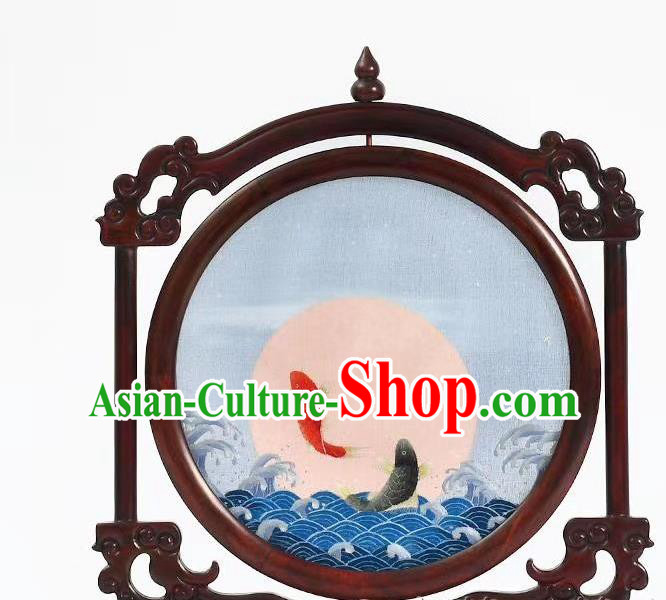 China Embroidered Painting Desk Screen Suzhou Rosewood Artware Handmade Embroidery Carp Table Decoration