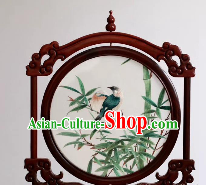 China Embroidery Table Decoration Handmade Suzhou Embroidered Painting Craft Bamboo Birds Desk Screen