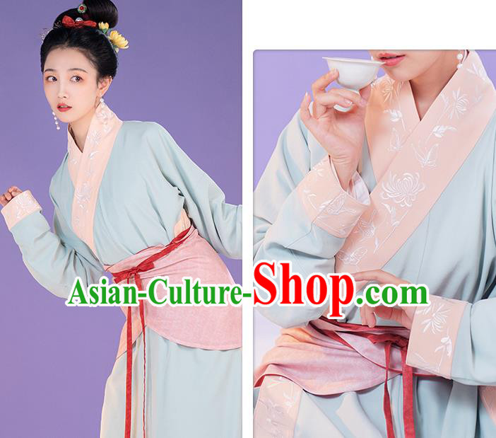China Ancient Song Dynasty Apparels Country Woman Clothing Blue Hanfu Dress Complete Set