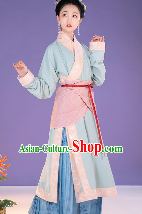 China Ancient Song Dynasty Apparels Country Woman Clothing Blue Hanfu Dress Complete Set
