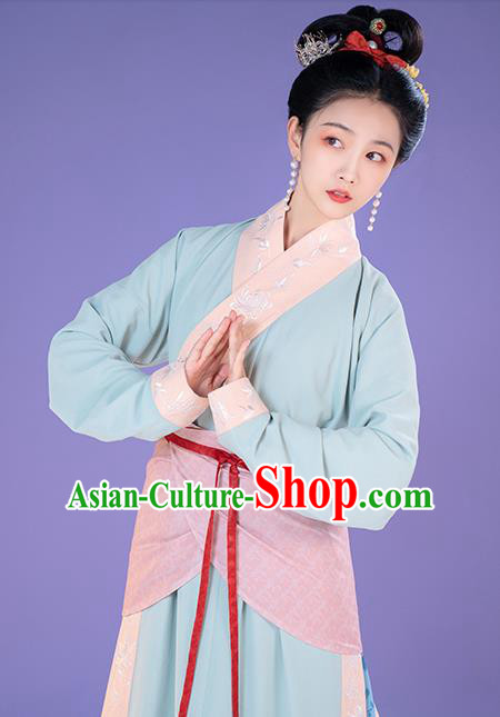 China Ancient Song Dynasty Apparels Country Woman Clothing Blue Hanfu Dress Complete Set