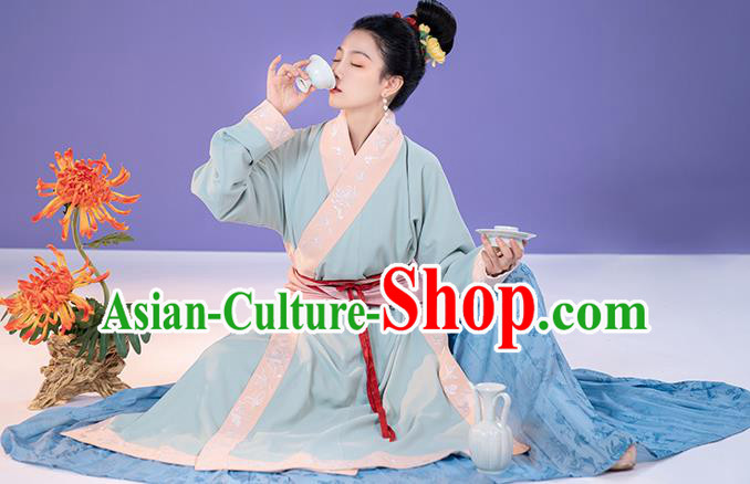 China Ancient Song Dynasty Apparels Country Woman Clothing Blue Hanfu Dress Complete Set