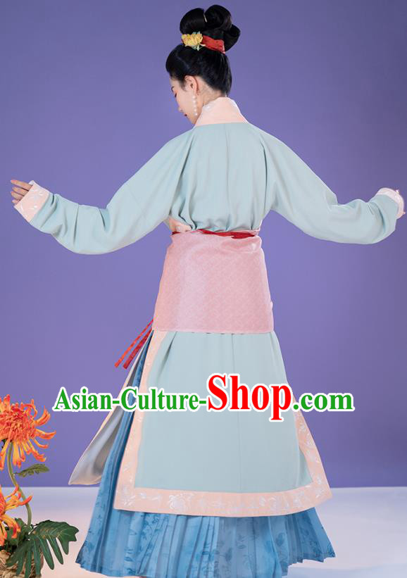 China Ancient Song Dynasty Apparels Country Woman Clothing Blue Hanfu Dress Complete Set