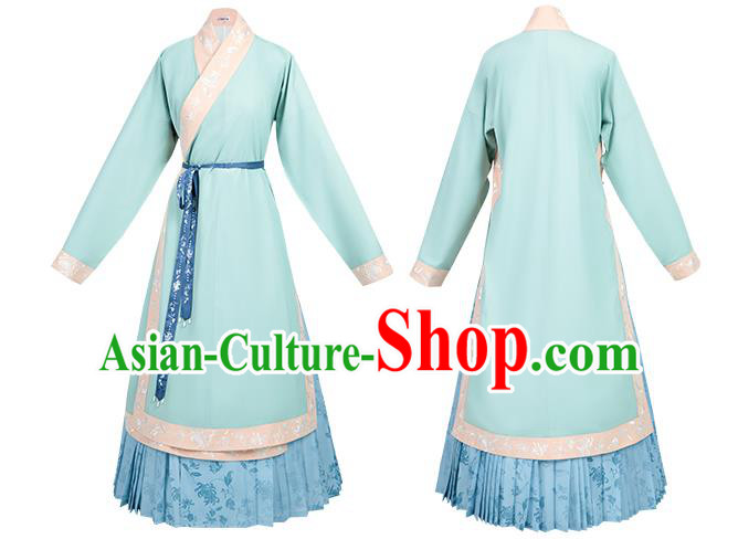 China Ancient Song Dynasty Apparels Country Woman Clothing Blue Hanfu Dress Complete Set