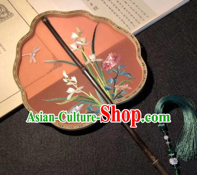 China Suzhou Embroidery Orchids Double Side Fan Palace Fan Classical Dance Silk Fans Ancient Black Bamboo Fan