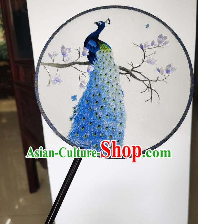 China Ancient Palace Fan Classical Dance Double Side Silk Fans Wedding Fan Suzhou Embroidery Blue Peacock Fan
