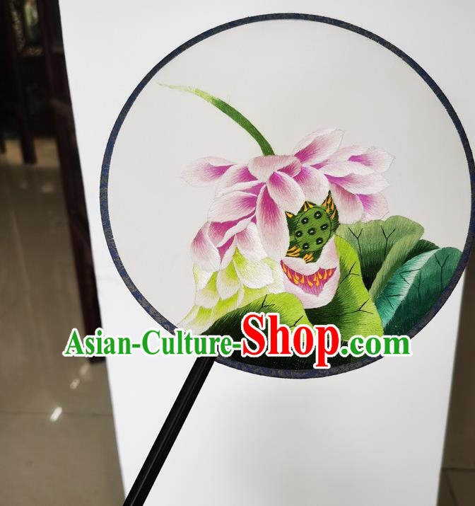 China Suzhou Double Side Fans Ancient Princess Palace Fan Embroidery Lotus Silk Fan Handmade Round Fan
