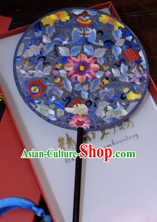 China Blue Silk Fan Ancient Qing Dynasty Court Fans Handmade Embroidery Palace Fan Suzhou Double Side Fans