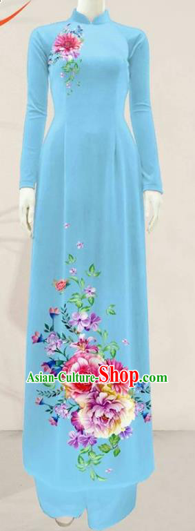 Asian Vietnam Blue Ao Dai Qipao Dress Traditional Vietnamese Costumes Classical Printing Flowers Cheongsam and Pants for Women