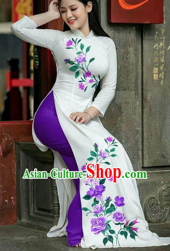 Asian Vietnam Printing Roses Ao Dai Qipao Traditional Vietnamese Cheongsam Costumes Classical Dress and Purple Pants for Women